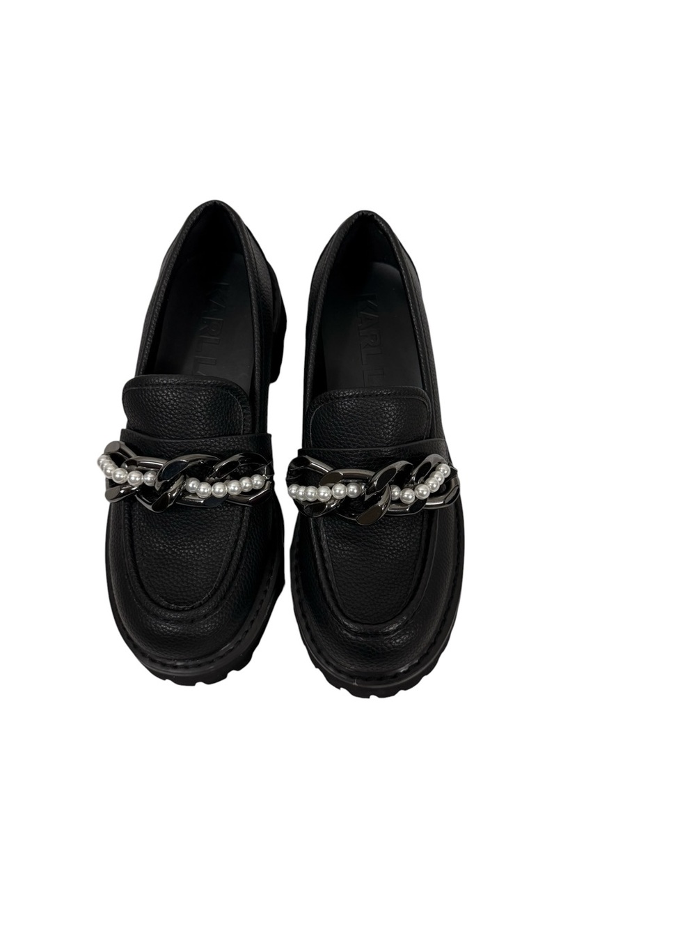 Karl Lagerfeld Black Leather lug Loafers with Chain & Pearl Trim size 8.5 - Picture 2 of 10